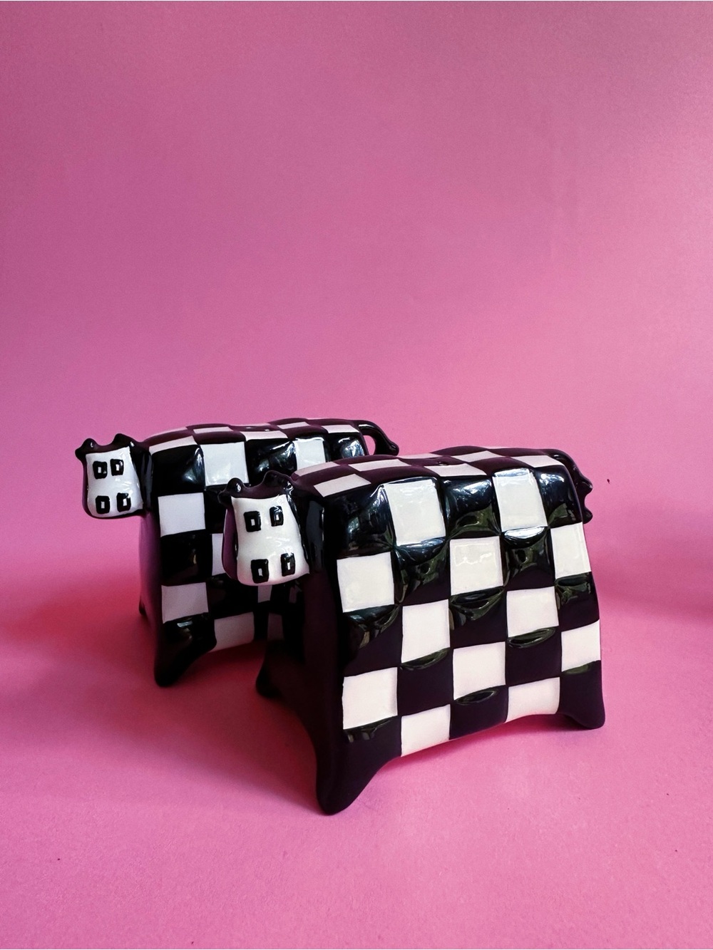 Black & White Checkered Ceramic Cow Salt & Pepper Figurines